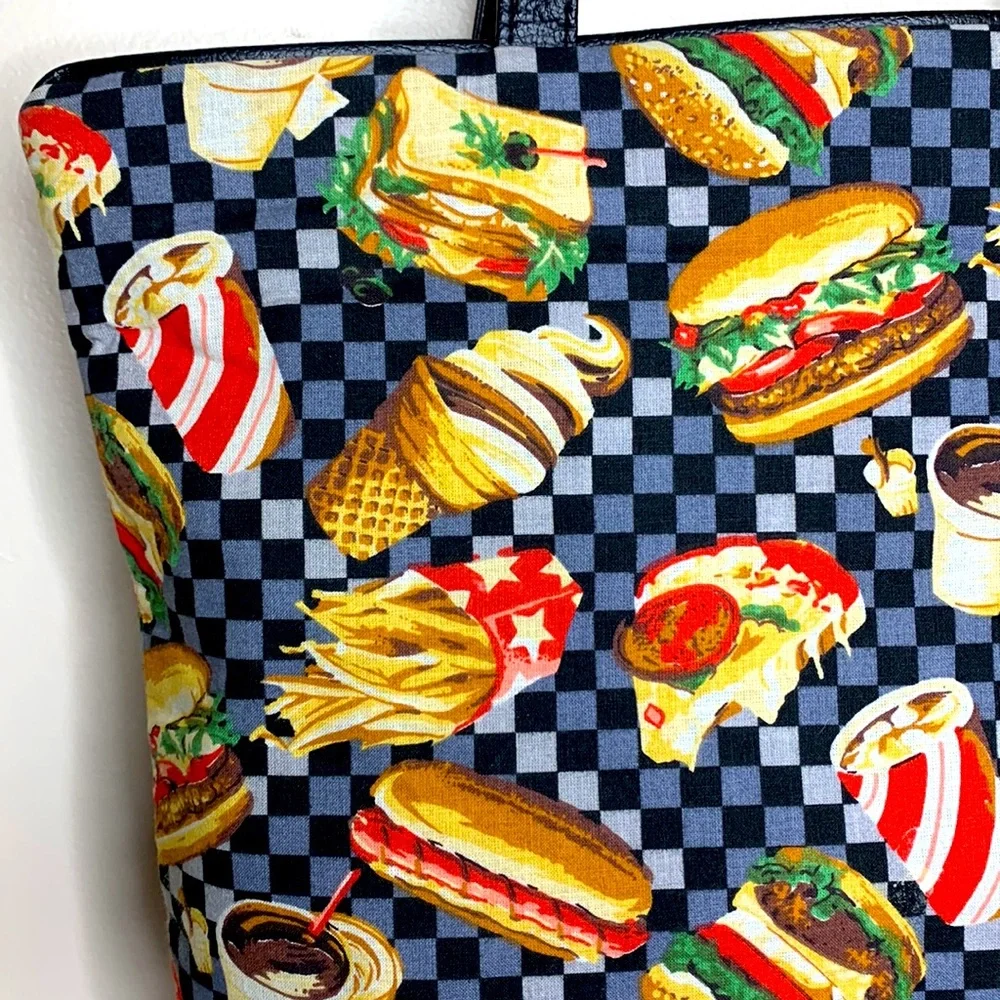 Fast Food Diner Tote | Large Canvas Food Design Bag | Leather Detail Food Lover - Picture 4 of 7